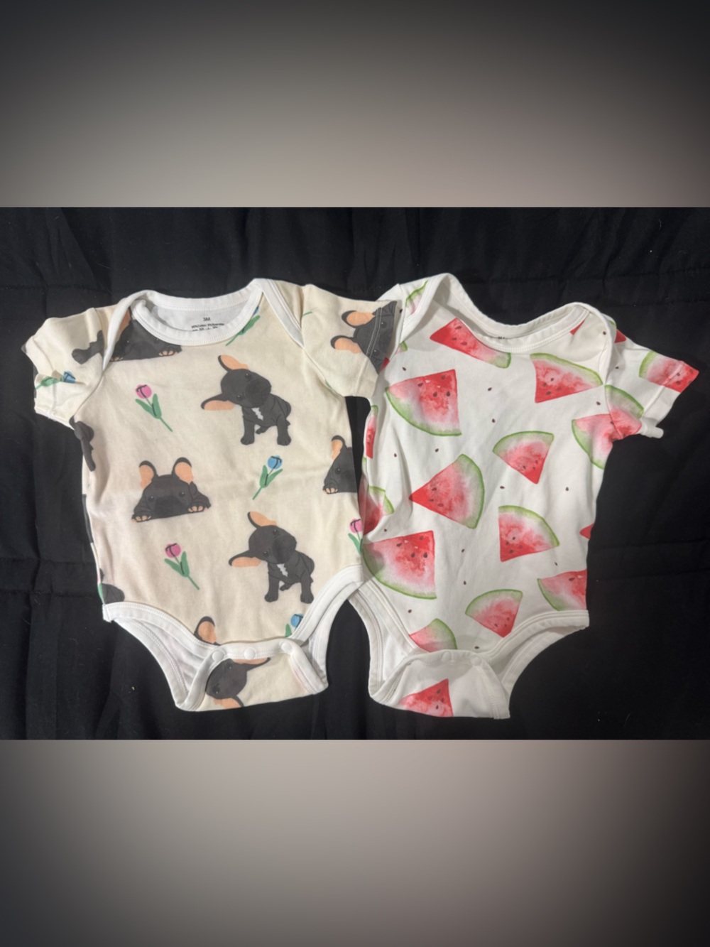 White Baby One-Piece Bodysuits with Watermelon & Puppy Prints